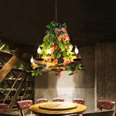 Candelabro de araña de metal verde vintage con 5 bombillas LED antiguas - Elegante lámpara de techo colgante de rosa para restaurantes